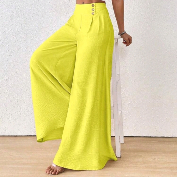 Women's Solid Color Button Front Pleated Wide Leg Pants, Elegant Fashion - Picture 3 of 5